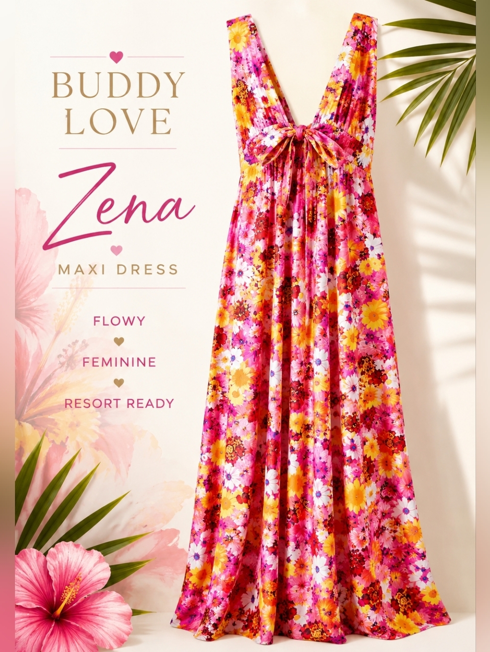 Buddy Love Zena Floral Maxi Dress NWT Sz. L Pink Yellow Boho Resort Glam Chic